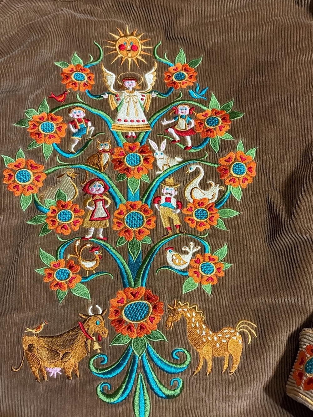 Bob Mackie Brown Corduroy Jacket with Colorful Folk Embroidery